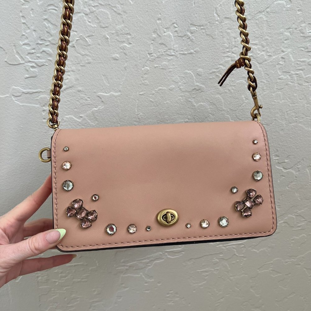 NEW Coach Dusty Pink Leather Crystal Embellished Dinky Crossbody Bag - Picture 4 of 12